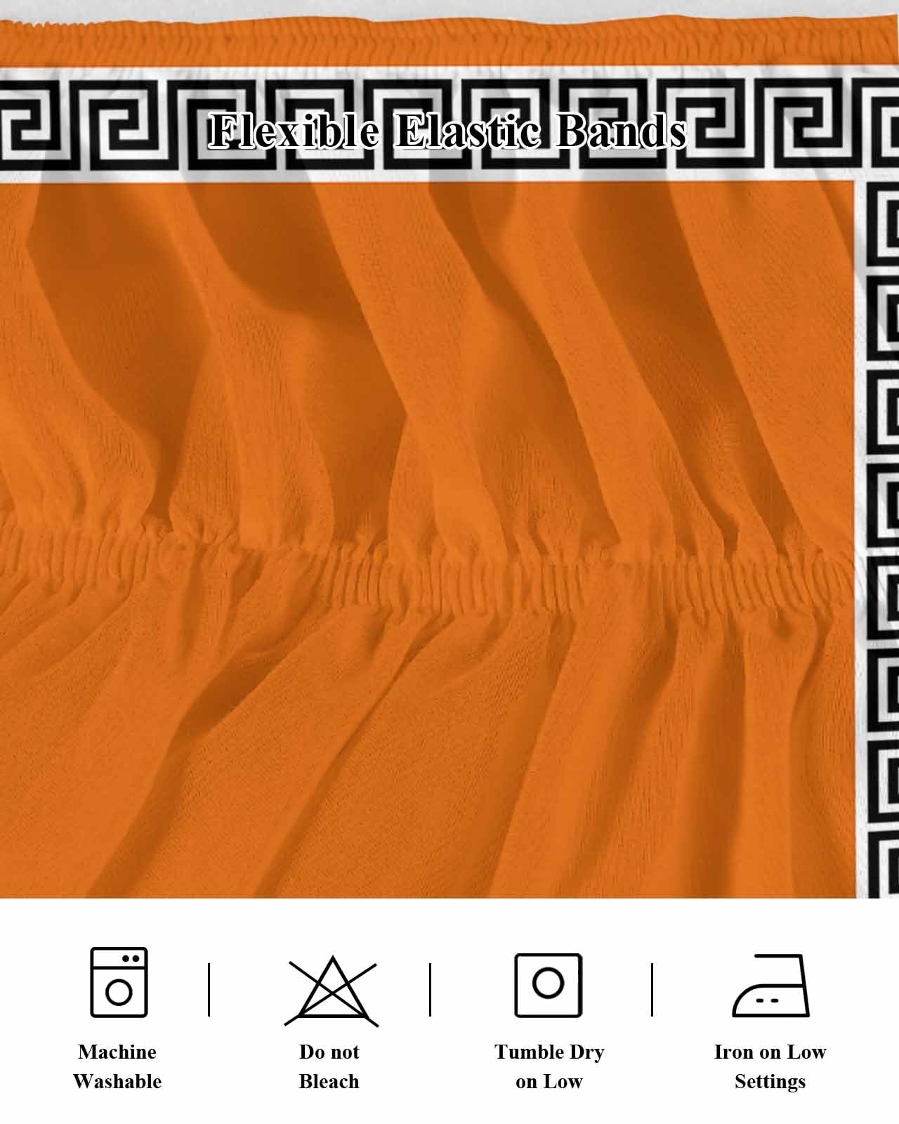 Orange Bed Skirt Greek Chinese Style Border Geometric Bed Skirts Queen Size 18 Inch Drop, Wrap Around Dust Ruffle&nbsp;Bedskirt with Adjustable Elastic Belt for Queen Size Beds