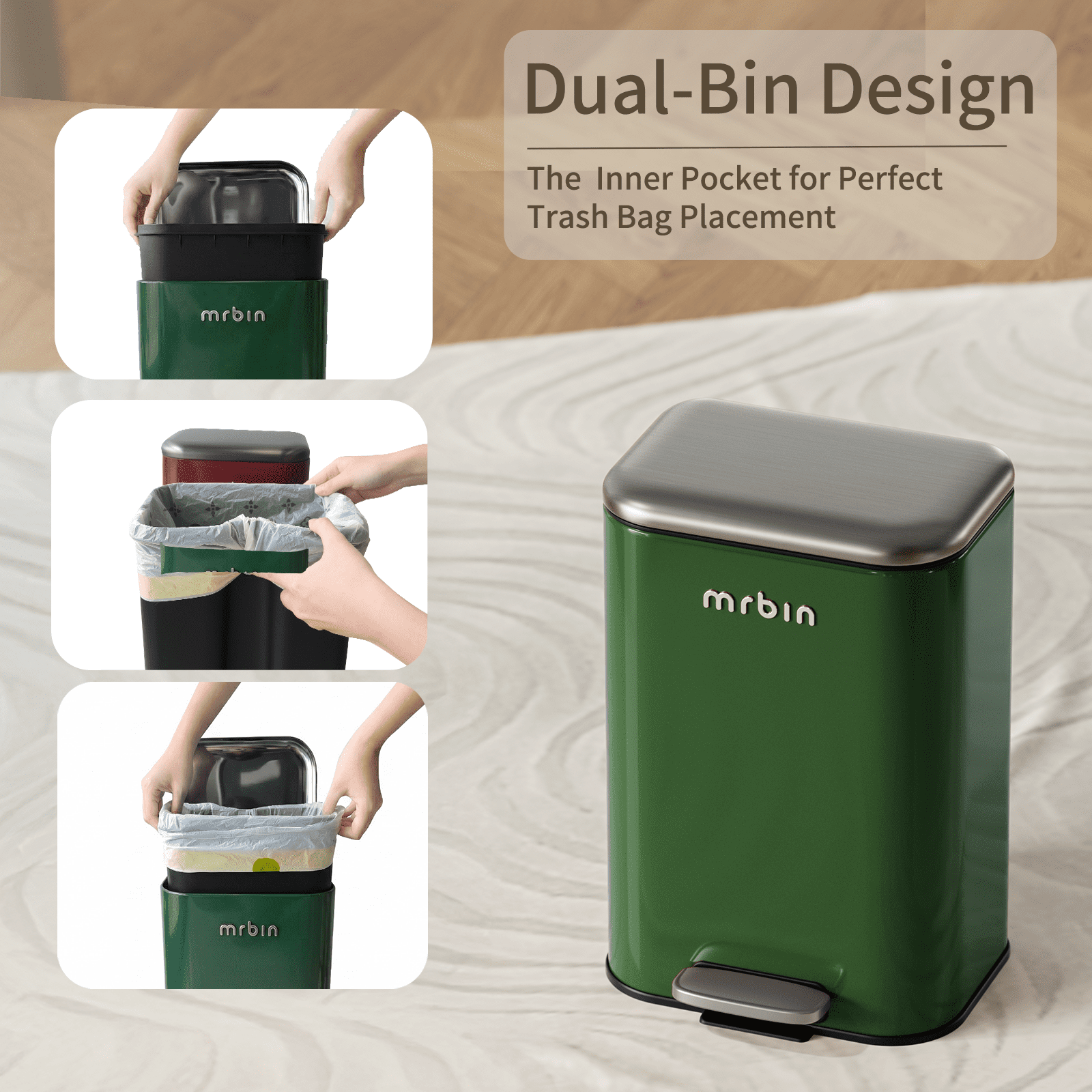 Mrbin Bathroom Trash Can with Lid, Metal Step Kitchen Waste Basket Touchless Soft Close, 20L / 5.2gal Rectangle Garbage Bucket with Stainless Steel Pedal for Office, Bedroom Accessories, Green