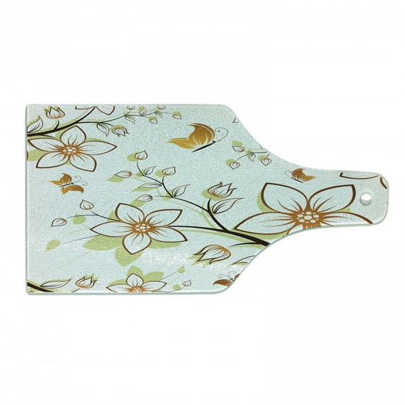 Autumn Cutting Board, Fauna in Fall Season Color Palette Flowers and Butterflies Warm Image, Tempered Glass Cutting and Serving Board, Wine Bottle Shape, Orange Pale Green Black, by Ambesonne