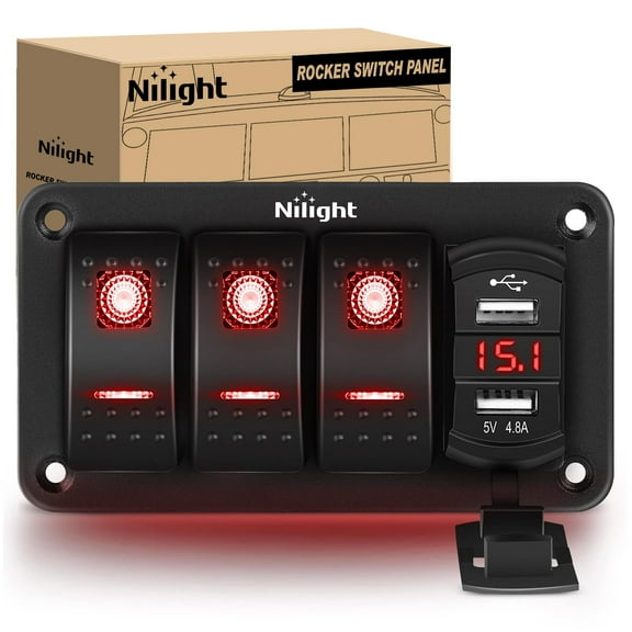 Nilight 3 Gang Rocker Switch Panel Green Backlit with 4.8 Amp Dual USB Charger Voltmeter Waterproof 12V 24V DC Night Glow Stickers for Cars Trucks Boats RVs
