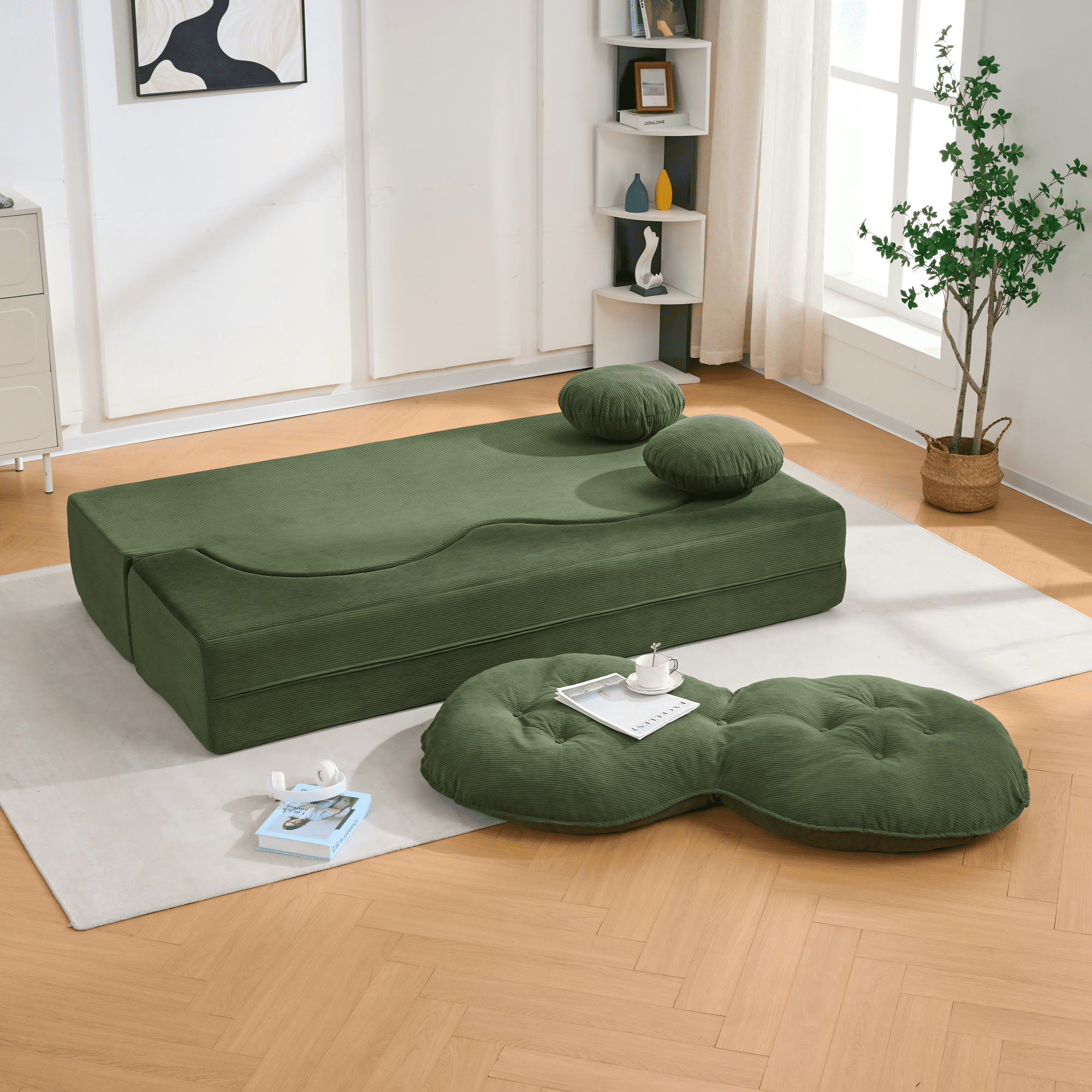 Convertible Sleeper Sofa – Modern Folding Futon, Corduroy Floor Foam Loveseat, Full-Size Guest Bed with 2 Pillows – Space-Saving for Apartment, Living Room, Bedroom