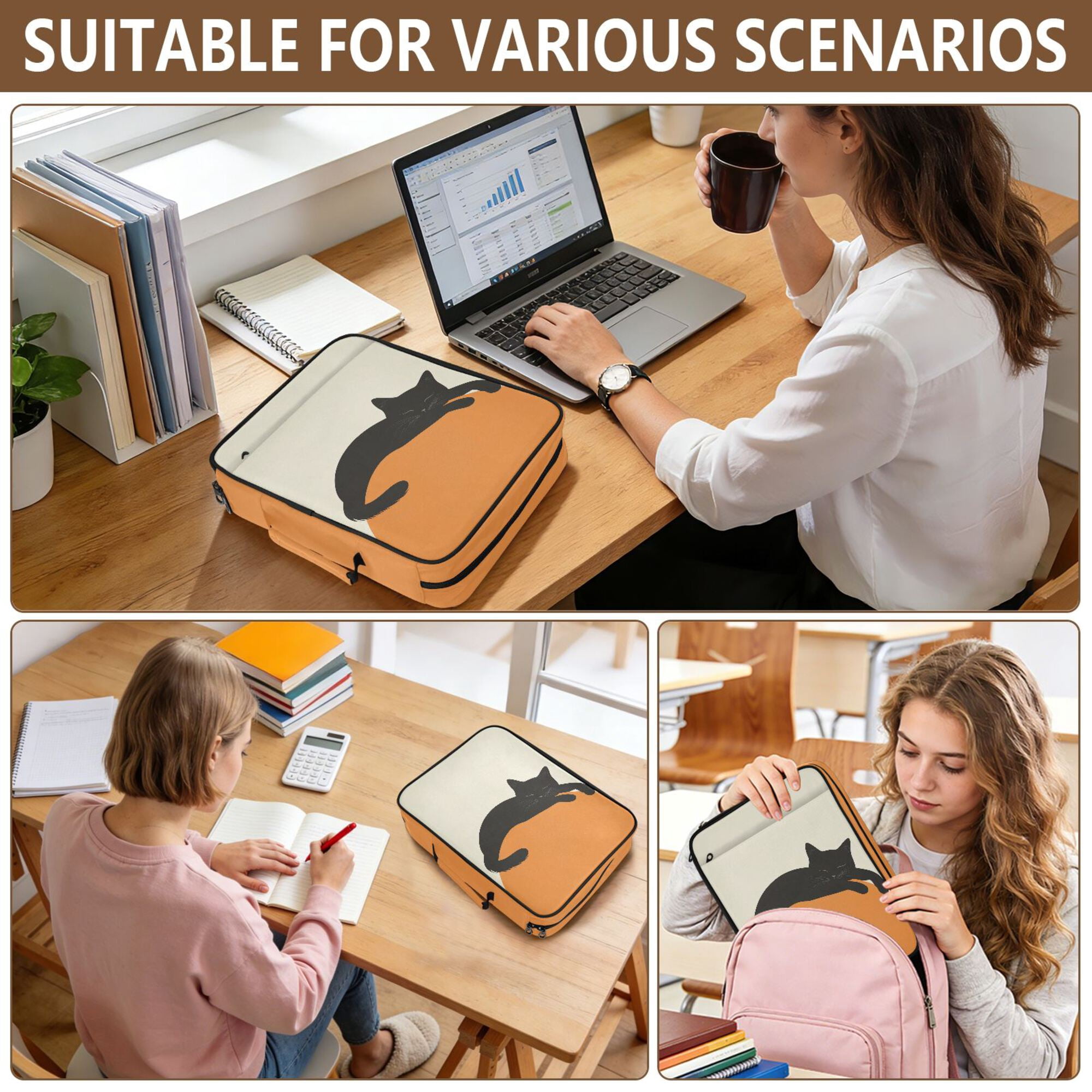 FORMRS Accordion File Folder A4 Size 7-Pocket Expanding Document Organizer Bag with 3 Ring Binder, Sleeping Black Cat