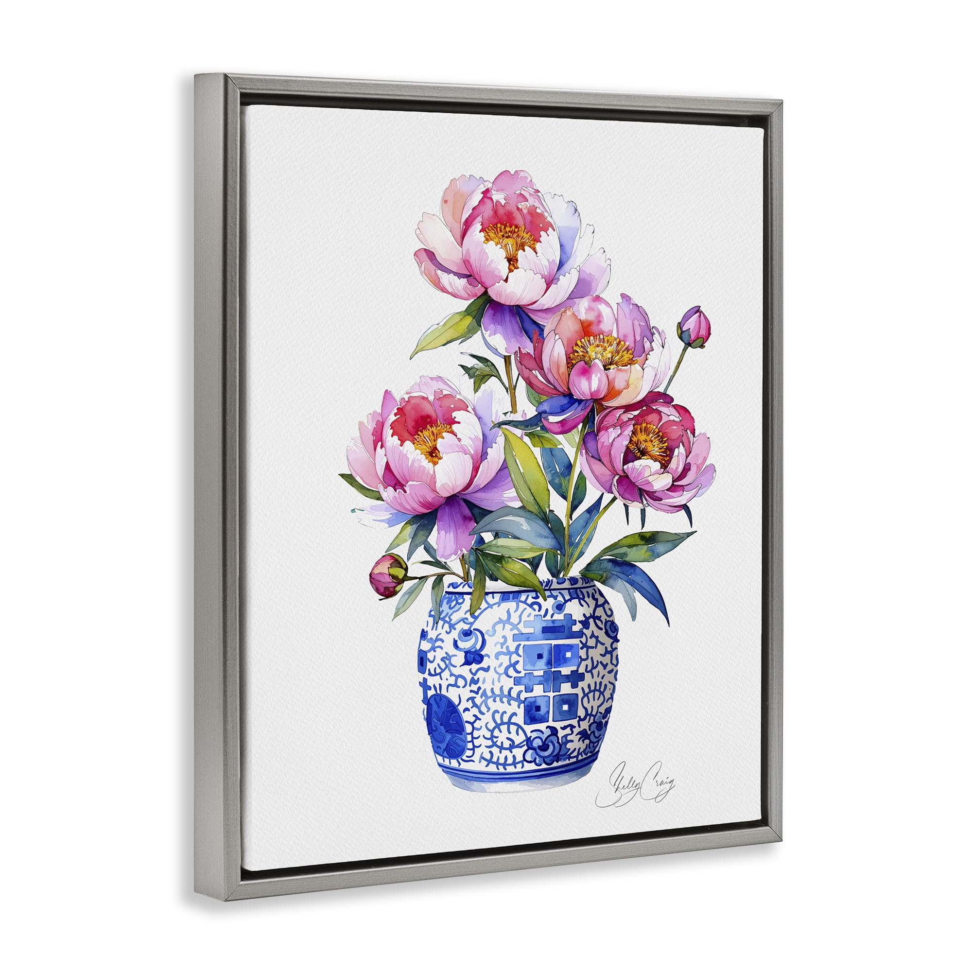 Stupell Industries Blue Dynasty Blooms Gray Framed Floater Canvas Wall Art, design by Shelly Craig