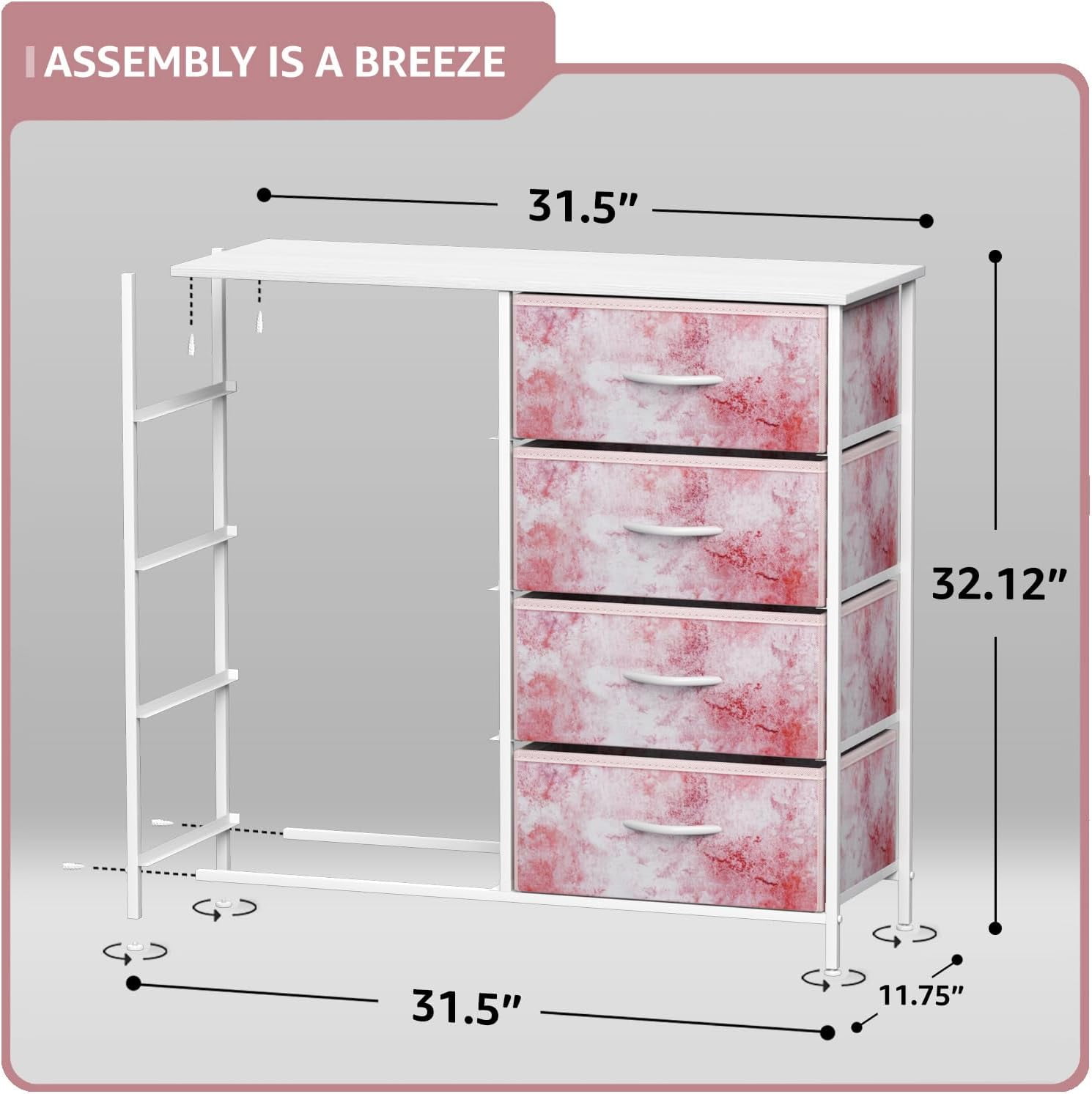 Sorbus Kids 8-Drawer Dresser Storage Tower, Steel Frame, Wood Top, Tie-Dye Pink