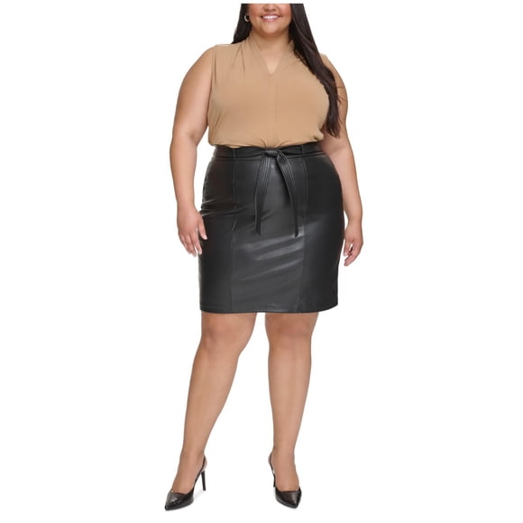 Calvin Klein Womens Belted Faux-Leather Pencil Skirt, black, Plus Size, 14W
