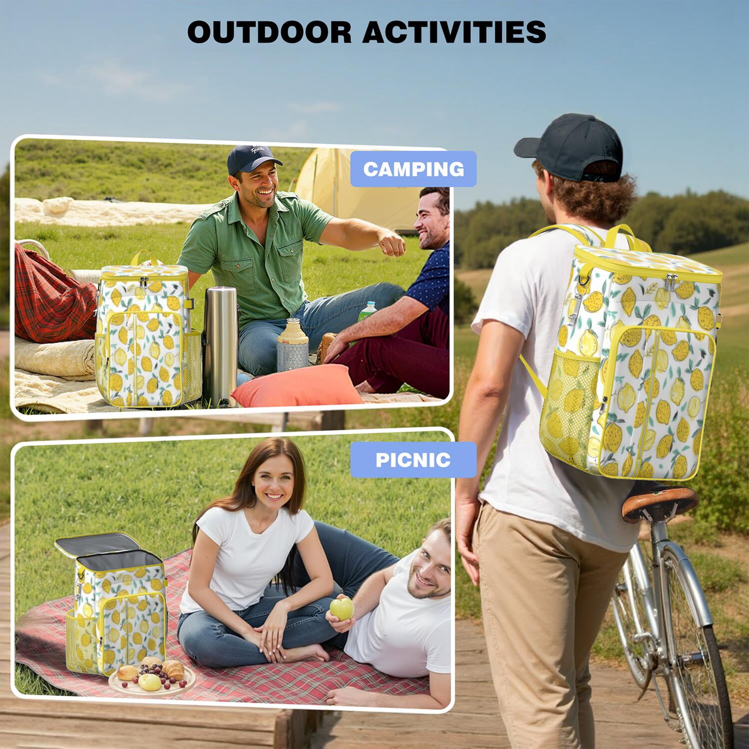Travel Cooler Bag - Lemon Camping Beer Cooler Backpack with Bottle Opener- Waterproof Insulated Picnic Backpacks - Cooler Bag for Beach