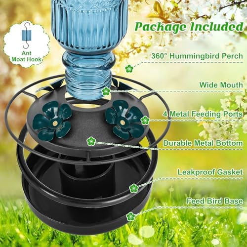 Glass Hummingbird Feeder for Outdoors Hanging, 16 OZ Humming Birds Feeders with 4 Bee Guard Feeding Ports & Built-in Ant Moat, Hummingbird Gifts for Mom, Bird Feeder for Outside, Blue