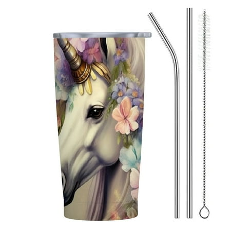 

Facannap Unicorn Flowers Fantasy 20oz Stainless Steel Car Tumbler with Straw - Ideal for Ice Drinks and Hot Beverages 20oz