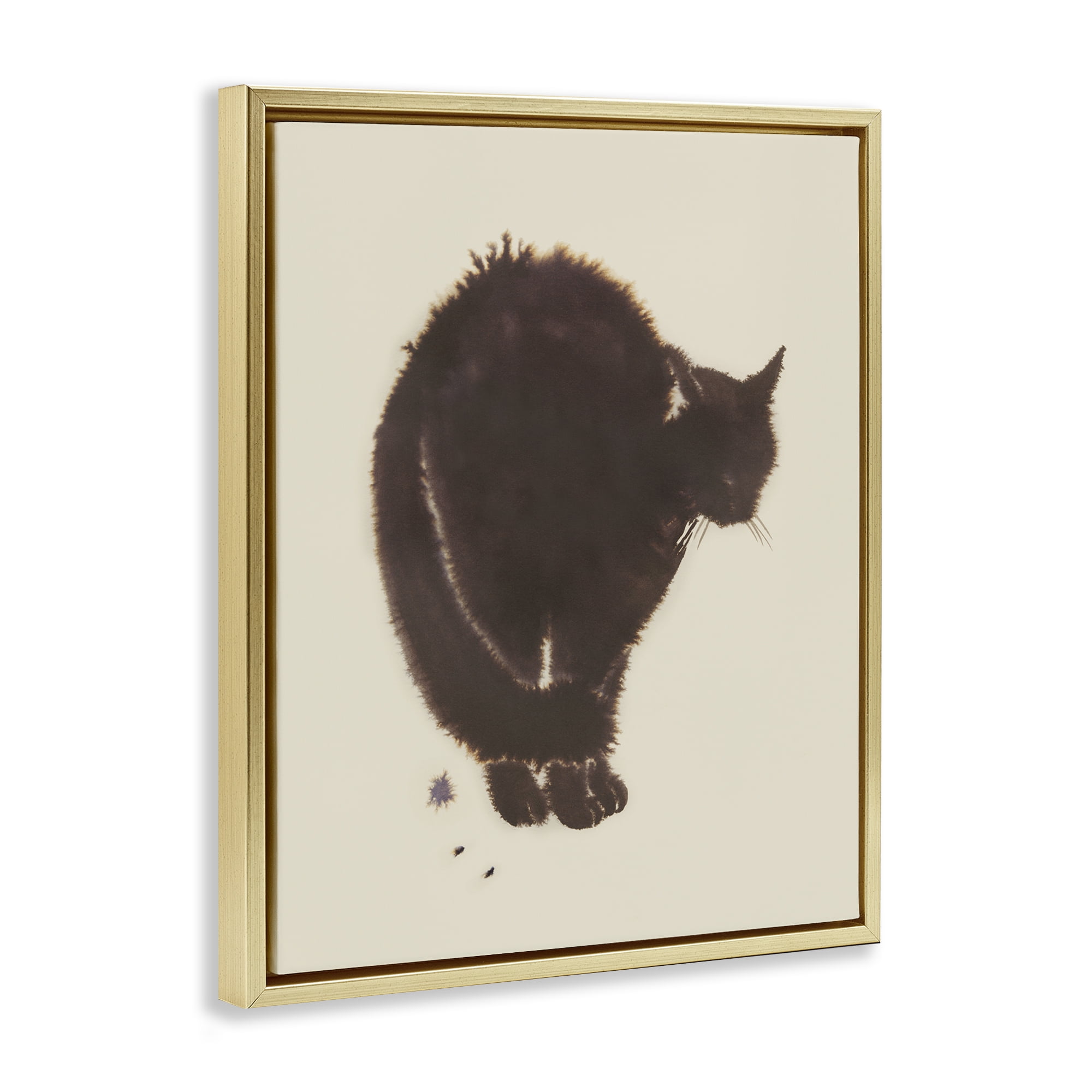 Stupell Industries Minimal Cat on Beige Animals Painting Gold Floater Framed Canvas Art Print Wall Art, 17 x 21