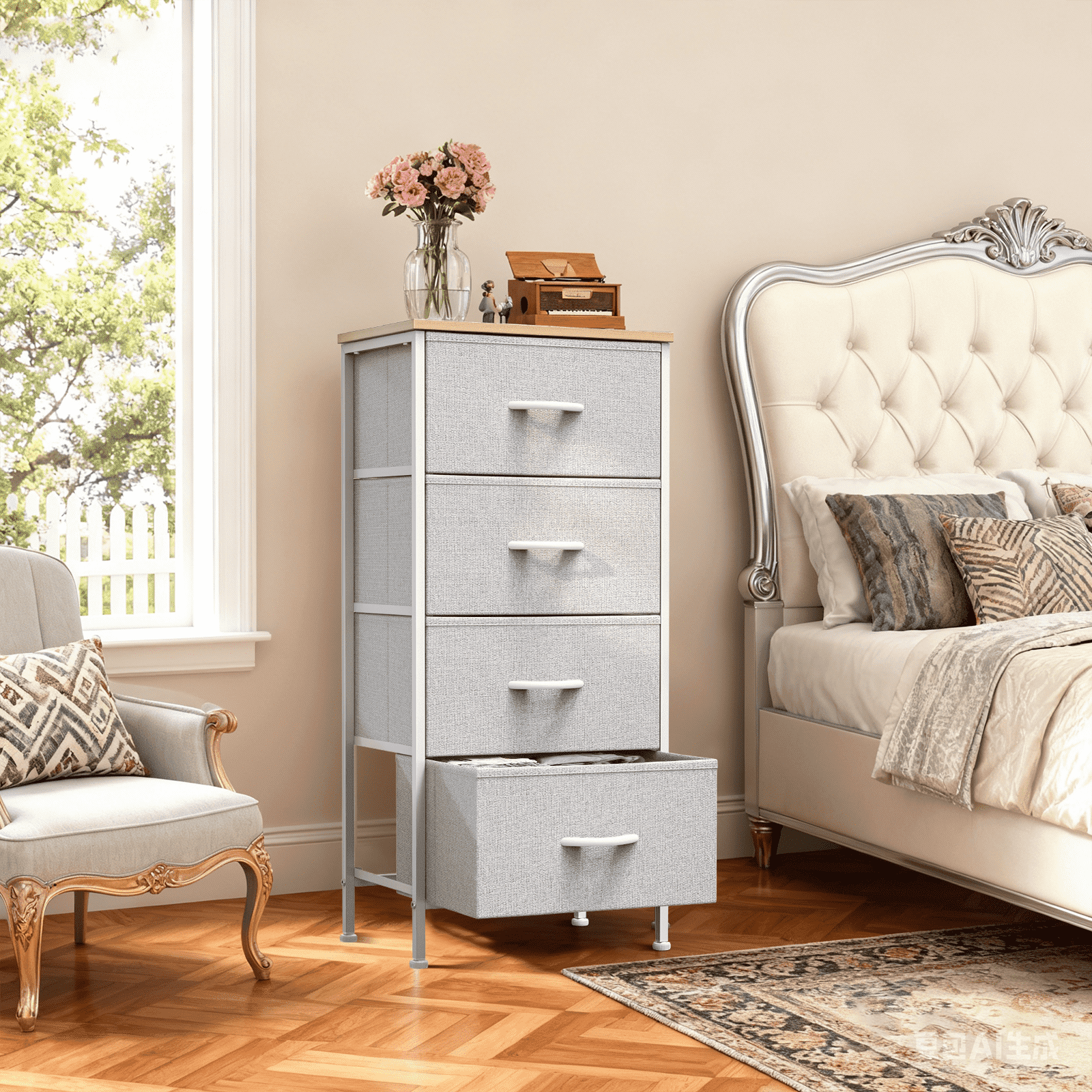 TrumanPick 4 Drawer Dresser for Bedroom, Tall Fabric Chest of Drawers with Wood Top, Fabric Storage Tower Nightstand for Bedroom Nursery Closet, Metal Organizer Unit for Living Room, Light Gray