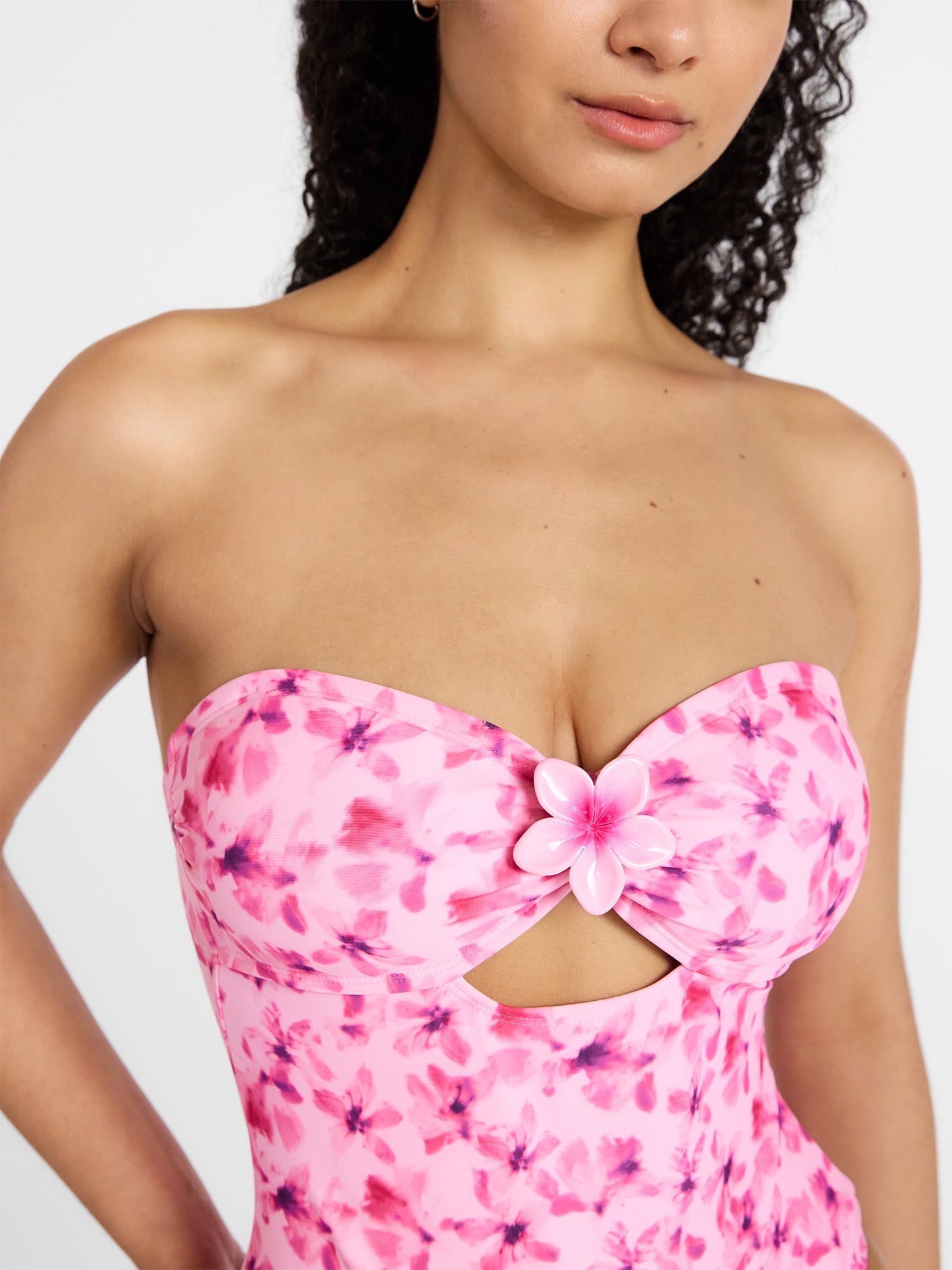 No Boundaries Floral Cut Out Bandeau One Piece Swimsuit, Women's XXS -XXL