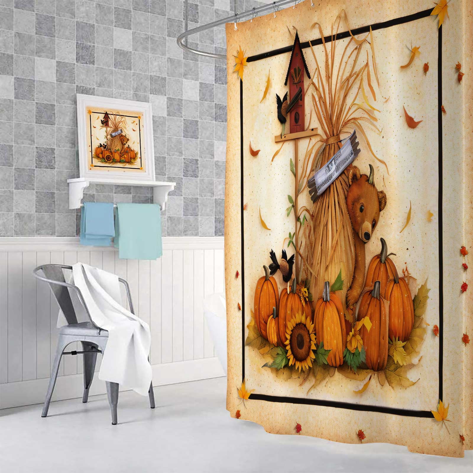 Fall Thanksgiving Shower Curtains for Bathroom, Retro Autumn Pumpkin Sunflower Bear Bath Curtain Set, Vintage Polyester Fabric Bathroom Accessories Restroom Decor 12 Hooks Included (72"W X 72"H)