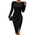 thumbnail image 2 of Dress for Women Round Neck Solid Color Side Split Bodycon Cocktail Long Sleeve Party Midi Dress Black M, 2 of 7