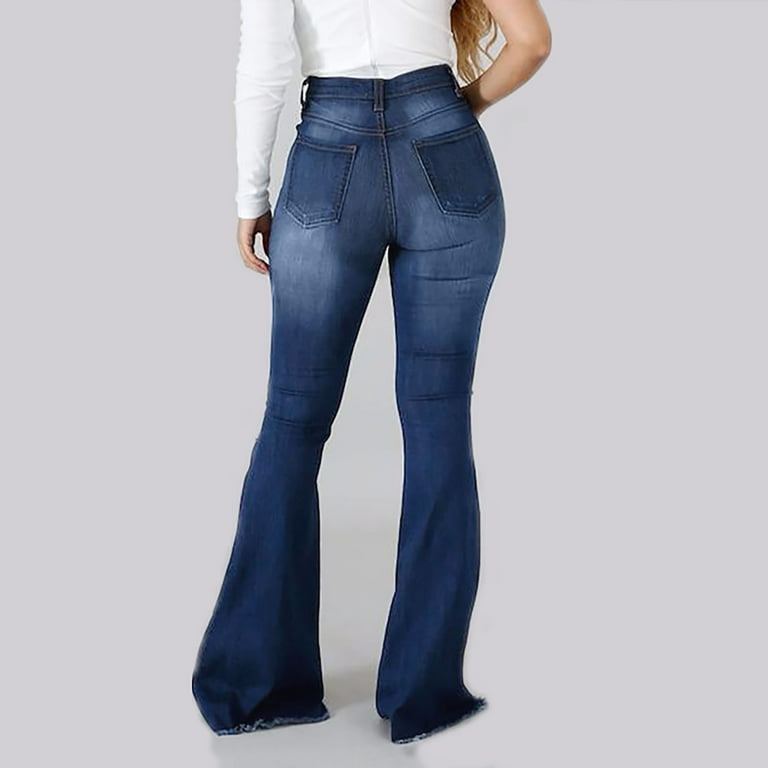 QISIWOLE Women Bell Bottom Jeans Elastic Waist Ripped Flared Jean
