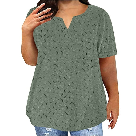 bnaln Oversized T Shirts for Womens Summer Tops Hollow Out Eyelet Short Sleeve Blouses Plus Size V Neck Tshirts Casual Tunics Loose Comfy Pullover Activewear Vacation Beach Outfits
