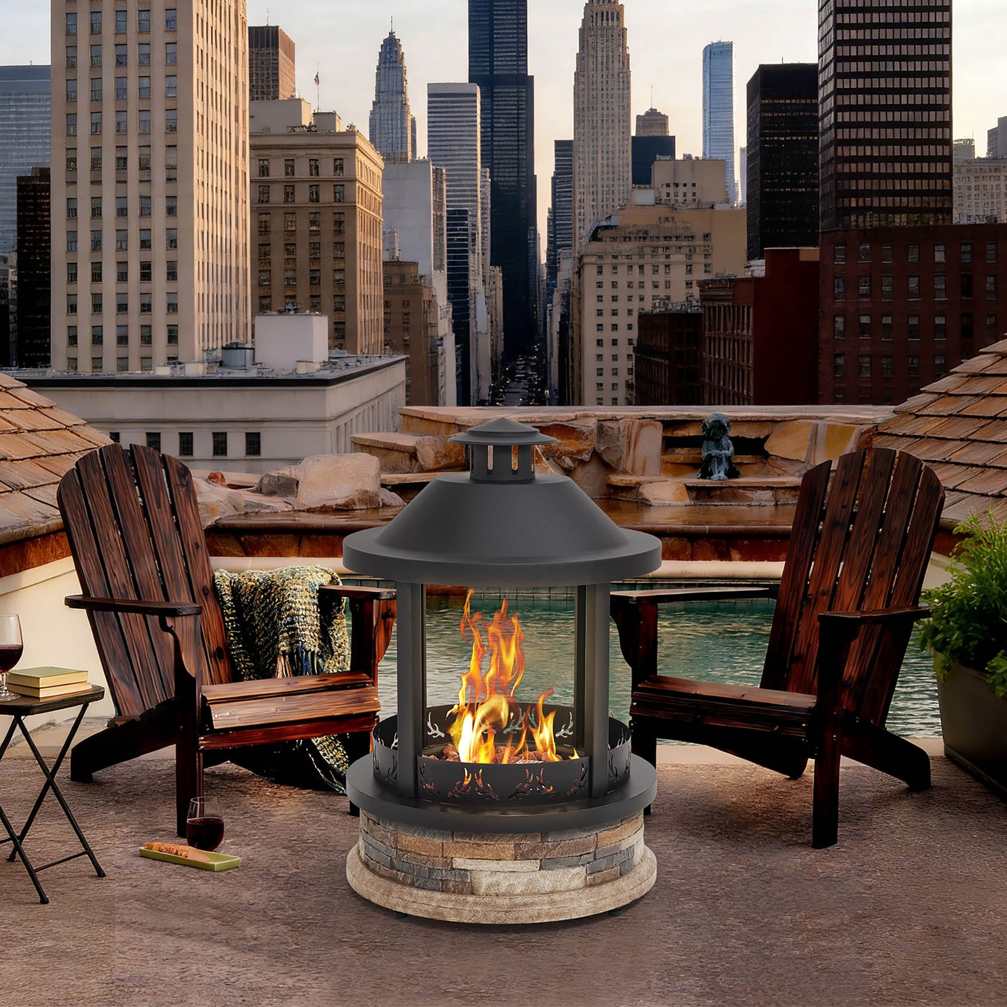 28-Inch Propane Fire Pit, 65,000 BTU Lantern Top Outdoor Gas Fire Pit, Gazabo Gas Fireplace with Faux Stone Base, Lava Rocks, Cover & Pre-attached 10ft Propane Hose