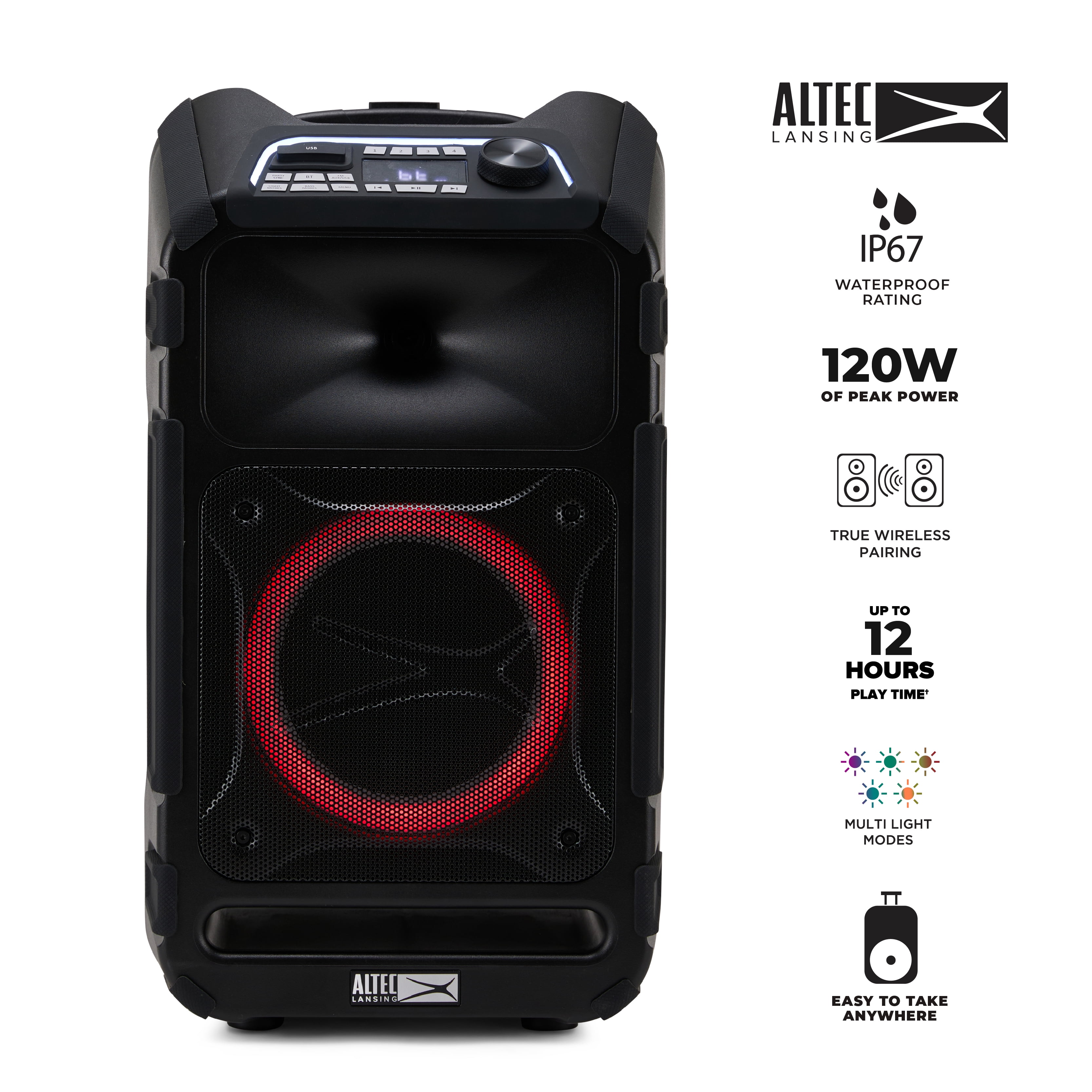 Altec Lansing Sonic Boom 120 Bluetooth Party Speaker, 120W IP67 Waterproof Portable Speaker with Wheels & Handle, Up to 12H playtime & LED Party Lights, Bass Boost, FM Radio, Karaoke Mic/AUX Input
