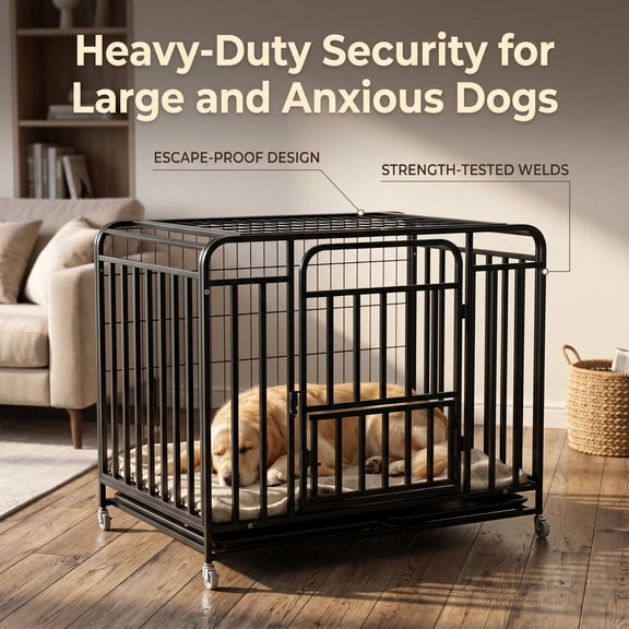 WEIZHUO 43.3 Inch Dog Crate with Wheels,Alloy Steel Large Indoor Dog Kennel with Removable Tray,High Anxiety Dog Crate for Escape-Proof Chew-Proof Cage