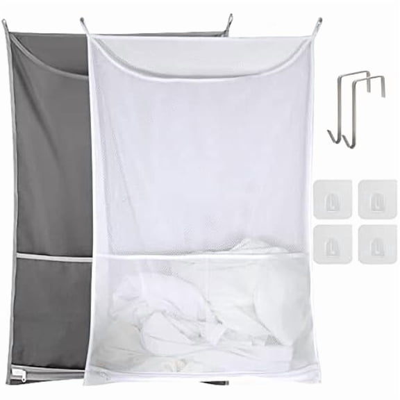 2 Pack Door Hanging Laundry Hamper Bag,Laundry Hamper Bags Collapsible, Over Door Laundry Bag with Hooks,Large Hamper Clothes Storager for Space Saving Large Laundry Organizer Bag