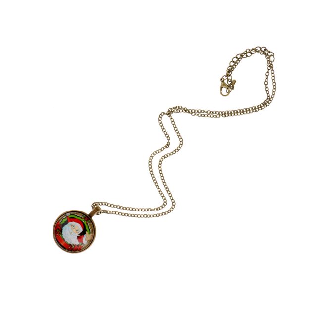 Collar con colgante de cadena de cristal cabujón de Papá Noel rojo retro navideño