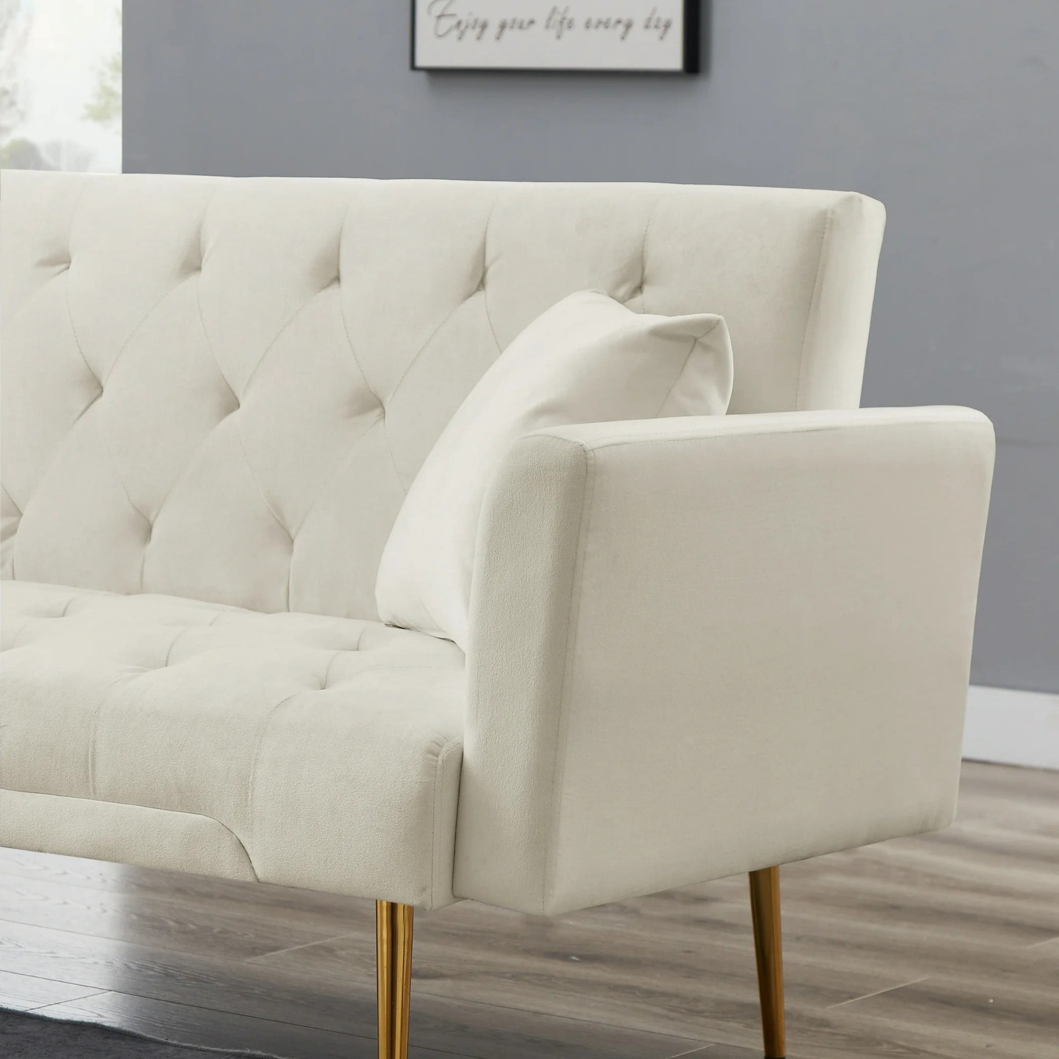 Leumius 71 Inches Velvet Futon Sofa Bed with 2 Pillows,Modern Convertible Futon Couch with Adjustable Backrest,Beige 02