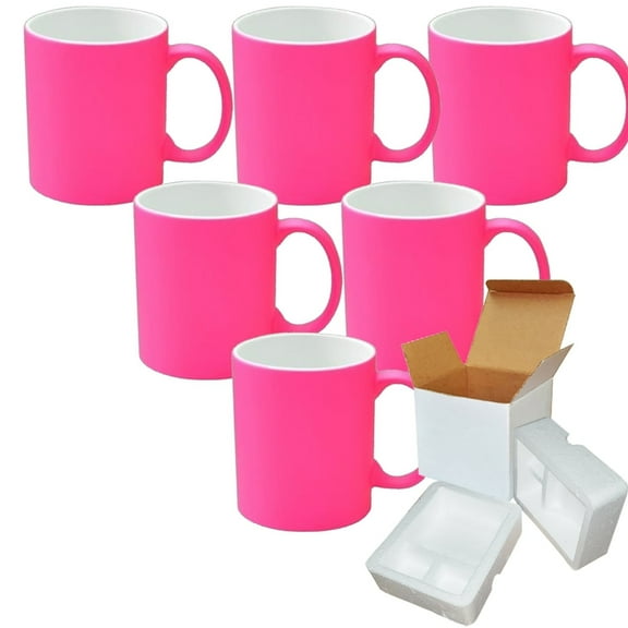 MUGSIE 6 PACK 11OZ PINK Fluorescent / Neon Sublimation Mugs with Foam Supports Cardboard Boxes