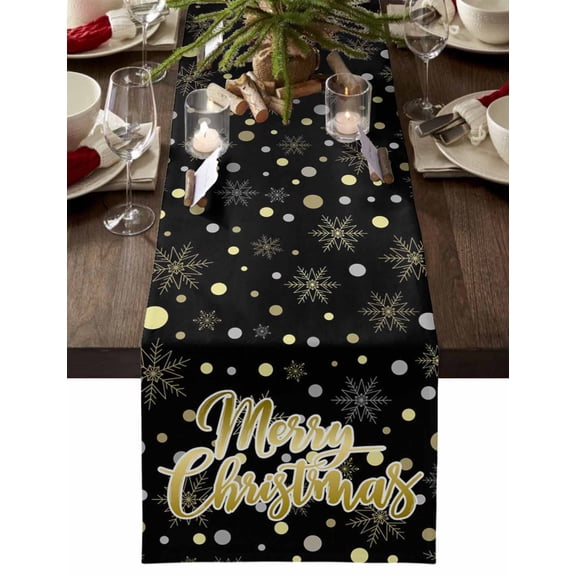 Merry Christmas Black Cotton Linen Table Runner for Dining Kitchen, Xmas Snowflakes Polka Dot New Year Wedding Outdoor Party Tablerunners Decoration, Dresser Scarf Coffee Tablecloth Runners 13"x36"