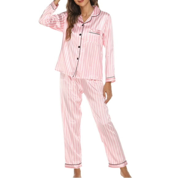 Mrat Women Silk Printed Pajamas Set Button Sleepwear Long Sleeve Nightwear with Long Pants Soft Set Pajamas for Night Sweats S-75 Pink-A L