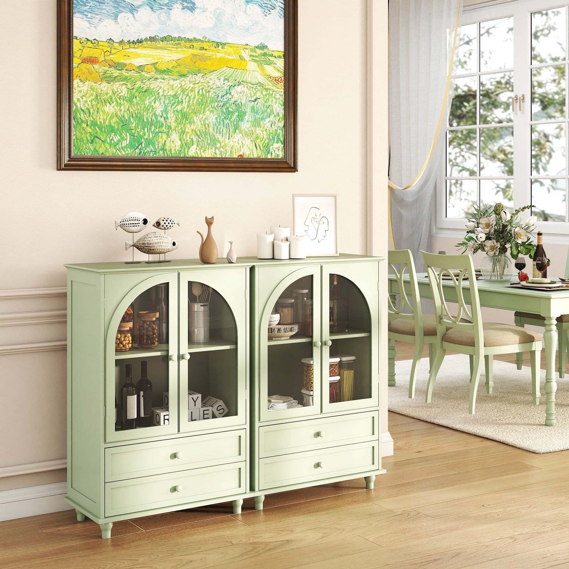 Farmhouse Storage Cabinet, Arched Tempered Glass Door Buffet Sideboard with Tiered Top, 2‑Drawer Pantry Cabinet for Kitchen Dining Living Room Entryway Coffee Bar