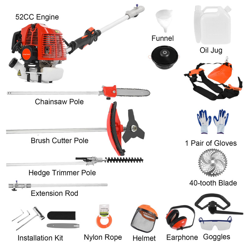 Floseru 52cc 2-Cycle Gas Weed Eater Gas Powe, 5-in-1 Gas Weed Wacker, Brush Cutter Gas Trimmer for Grass and Weed, Hedge Trimmer Gas String Trimmer, Edger, Pole Saw & Pruner