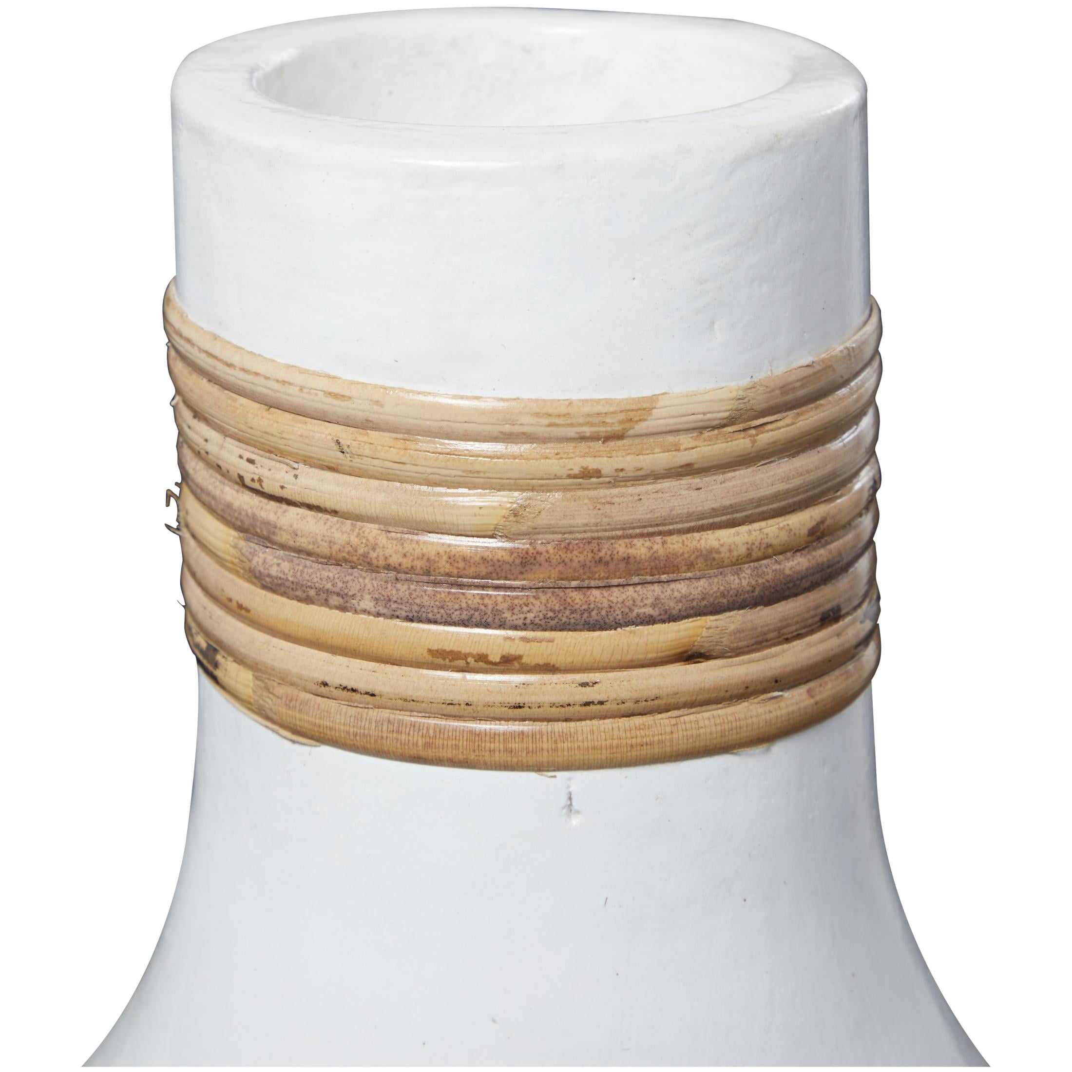 DecMode 20" White Ceramic Vase with Wrapped Rattan Details