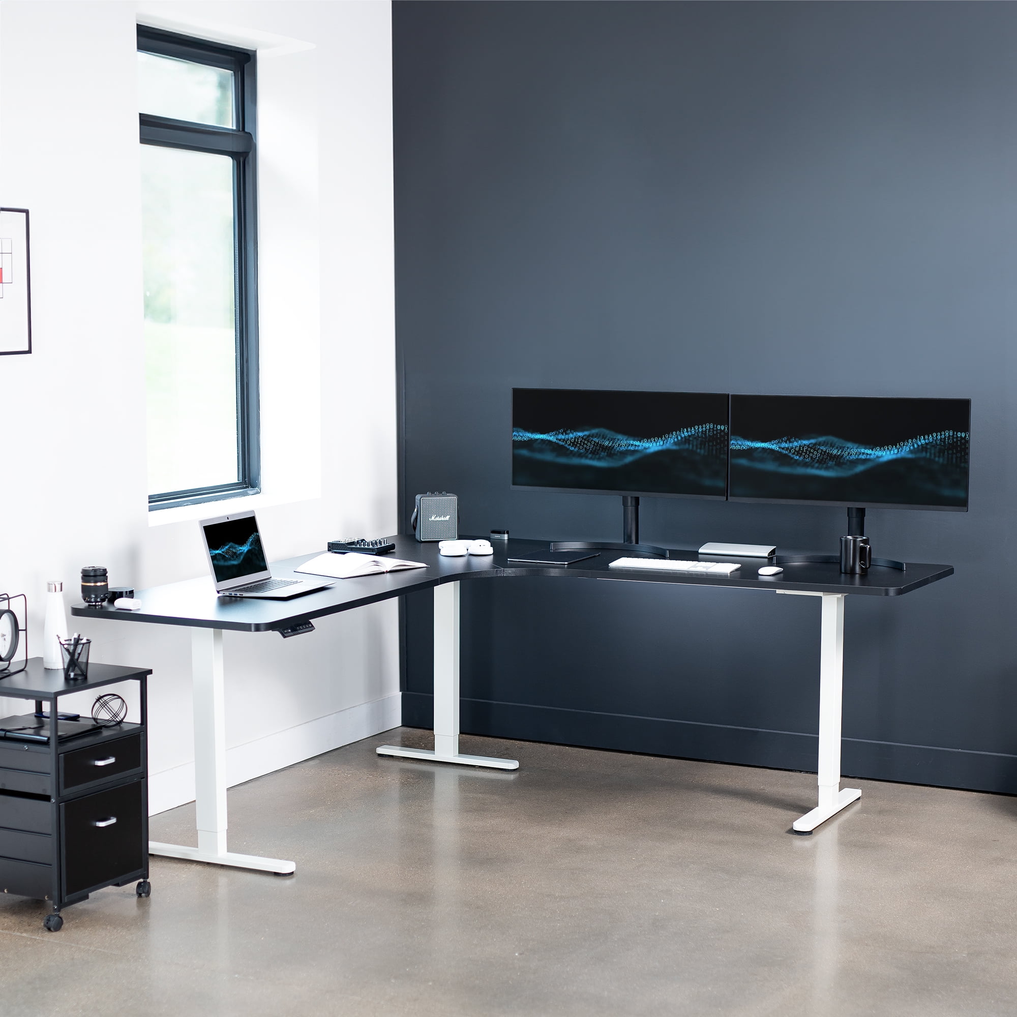 VIVO Black / White Electric 83" x 83" Curved Corner Stand Up Desk