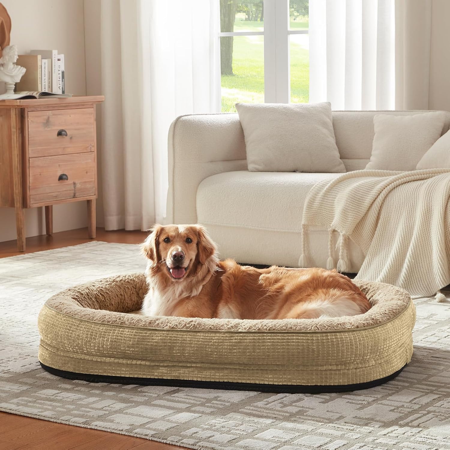 Orthopedic Dog Bed for Medium Dogs, Egg-Crate Memory Foam Pet Bed with Bolster Sides, Waterproof Lining, Removable Washable Cover & Non-Slip Bottom, Light Brown