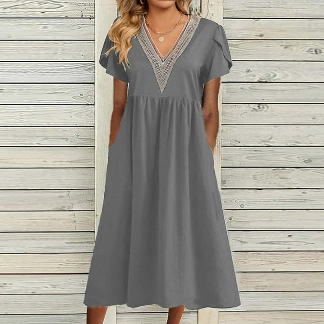 Lenago Robes d'Été Grande Taille pour Femmes Mode Femmes Décontracté Aguichant Col en V Imprimé Été Manches Courtes Poches Robe Fête Plage Robes en Liquidation