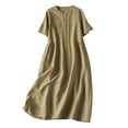 thumbnail image 2 of Homenesgenics Dresses for Women Womens Dresses Summer Women's Cotton and Linen Lightweight Short Sleeved Round Neck Elastic Waist Large Mid Length Dress Green XXL, 2 of 9
