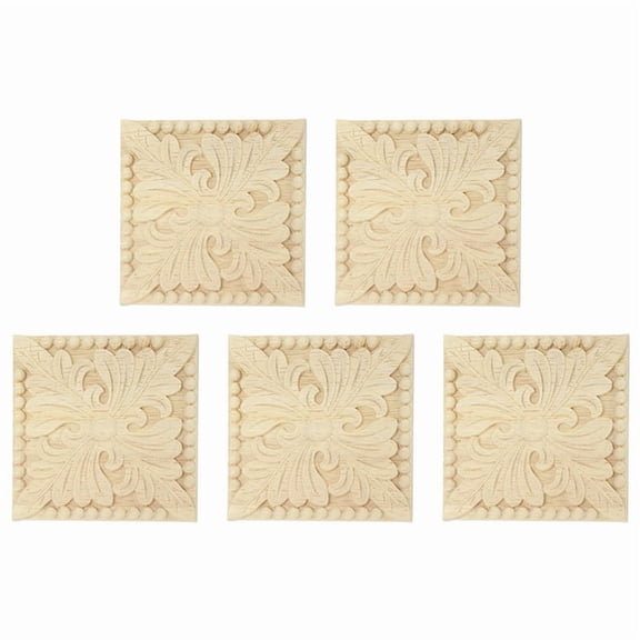 5X Natural Wood Appliques Square Flower Carving Decals Decorative Wooden Mouldings 10x10cm