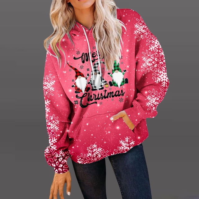 Qertyioot Pull d'Hiver Mode Femme Imprimé de Noël, Manches Longues Col Rond Chaud Ample Tendance Hauts Tricotés