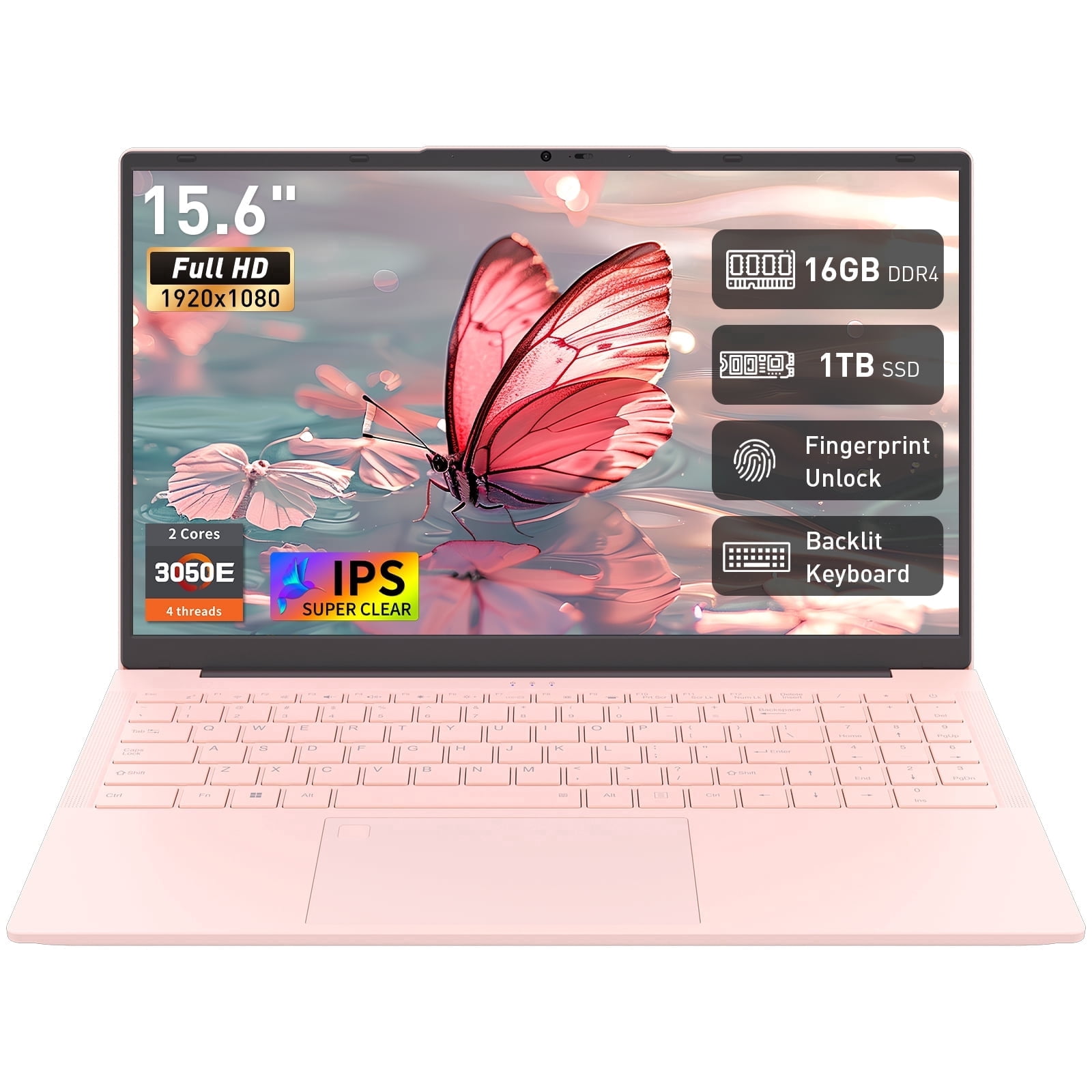 Auusda 15.6" Student Laptop, 3050E CPU 16GB RAM 1TB SSD, Fingerprint Unlock & Backlit Keyboard, Win11 Pro Computer, TYPE-C, Pink