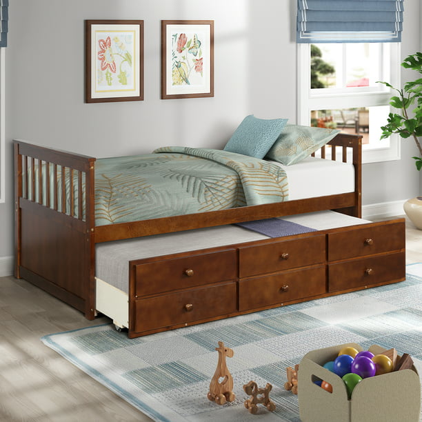 Clearance Trundle Bed For Kid S Room Farmhouse Style Twin Captain S Bed With Trundle And 3 Storage Drawers Solid Wood Daybed With Headboard And Footboard For Bedroom Teens 300lbs Walnut S329 Walmart Com