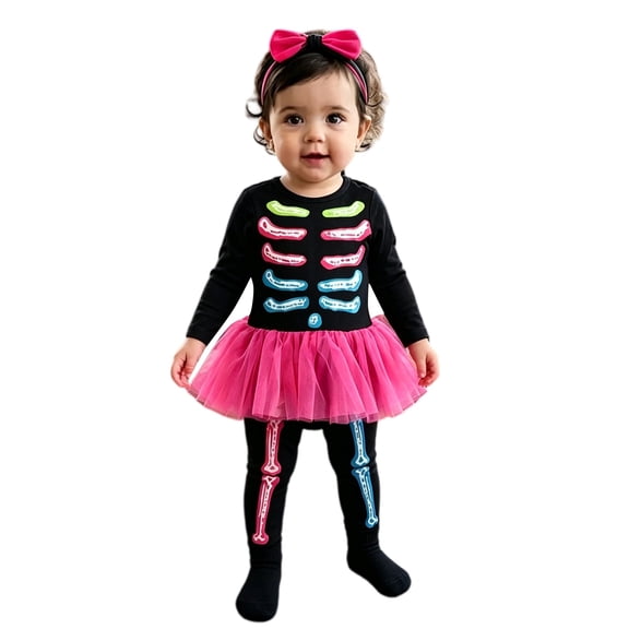 Otqutp Baby Girls Halloween Outfit Skeleton Print Long Sleeve Tutu Romper with Headband Set Soft Cotton Infant Casual Clothes