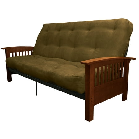 - Morris Mission-Style True 8-inch Loft Cotton/Foam Futon Sofa Sleeper Bed, Full-size, Walnut Arms, Suede Olive Green