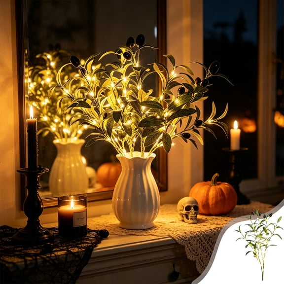 Artificial Olive Branch with Lights - 18.5 Inch Faux Foliage Twig with Warm LED Beads, Bendable Greenery for Vase Table Window Mantel Indoor Decor