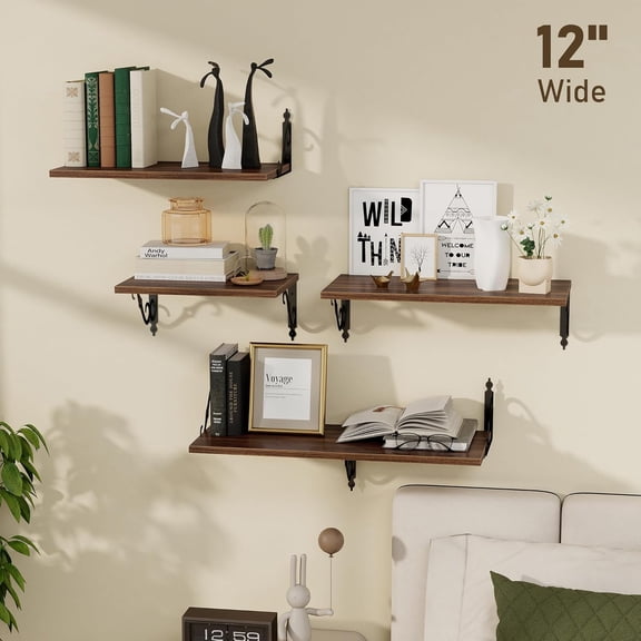 Deep Floating Shelves, 24" W x 12" D Wall Shelves Set of 2, Wide Display Shelf Wall Mounted with , Bookshelf for Living Room, Bathroom, Bedroom, Walnut