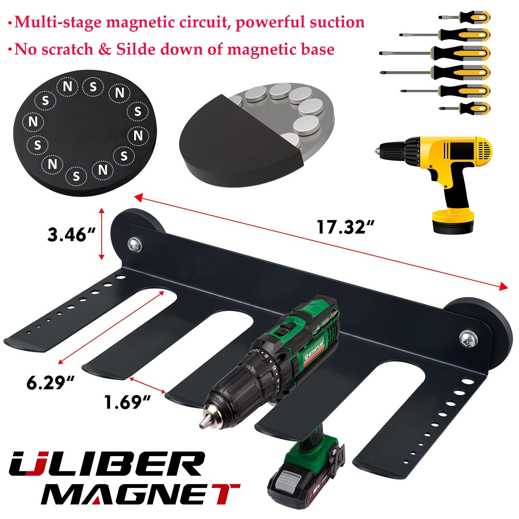ULIBERMAGNET Magnetic Power Tool Organizer, Utility Storage Rack Shelf with Screwdriver Holder,Heavy Duty Cordless Drill Holder,Removable Tool Rack Suitable for Garage, Workshop and Warehouse