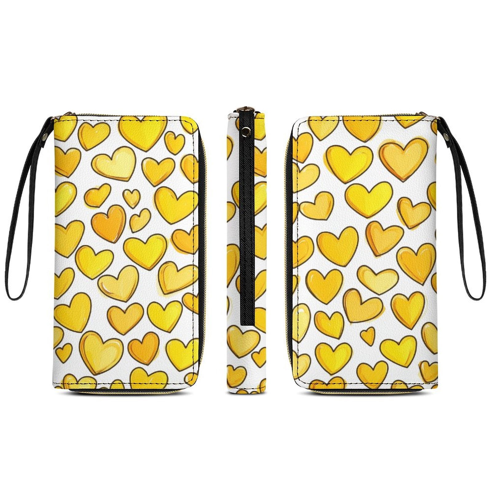 Womens Wallet Bifold Ladies Cluth Bag Wristlet Wrist Strap Long Purse Yellow Hearts Design