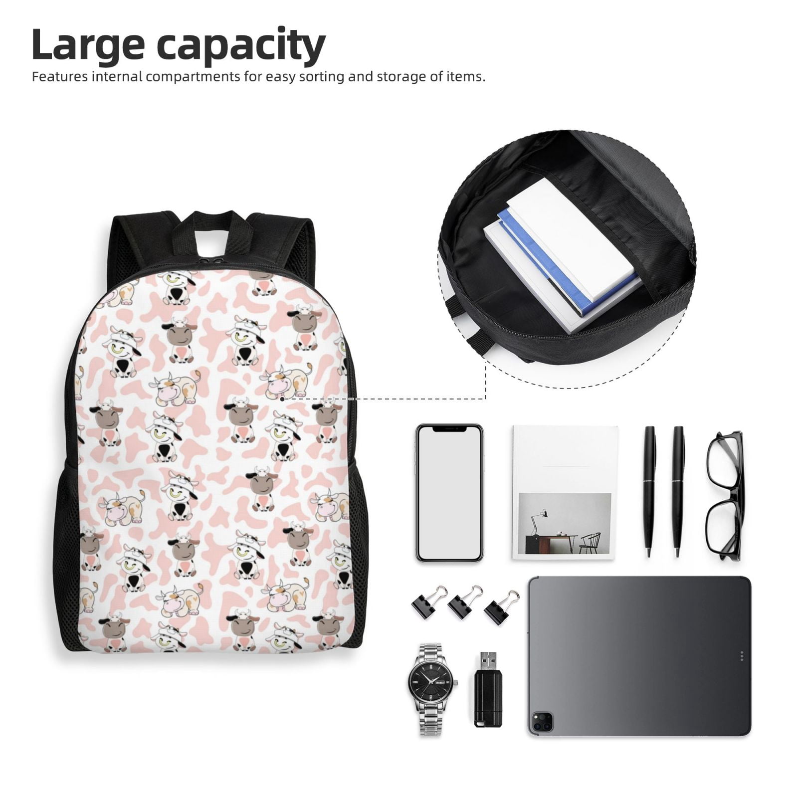 Xecao Cute Cartoon Cows Print School Backpack with Laptop Compartment Small Travel Laptop Backpack for Women Men Waterproof College Backpack Simple School Bag