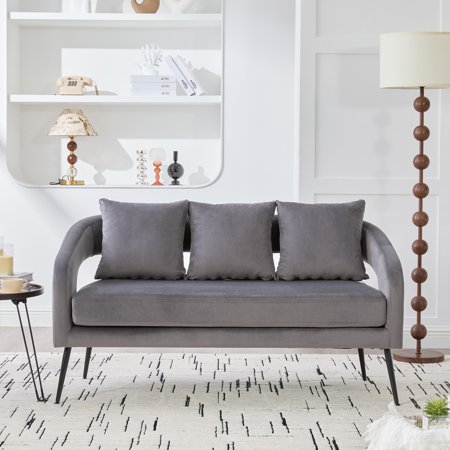 53.7 Modern Upholstered Velvet Open Loveseat Settee with 3 Pillows Small Comfy Sofa 2-Seater Mini Sofa for Small Space with Metal Legs Living Room Bedroom Office Dorm Studio Apartment (Grey)