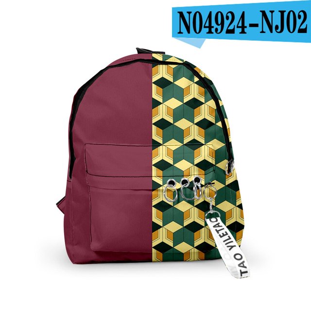 mochila de anime demon slayer kimetsu no yaiba, mochila escolar 3d, paquete de hombros, mochila para estudiantes, mochila de viaje informal nezuko5 frontal centrada de 35 x 29 x 10 cm, cuerpo poliéster burdeos con panel lateral geométrico amarillo y verde, bolsillo frontal con cremallera, tirantes acolchados y asa superior, colgante de tela blanco; a menudo usada por estudiantes para libros y uso diario.