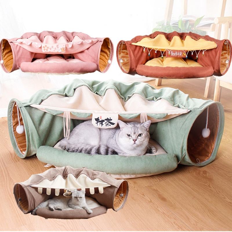 Pet Daily Kit Cat Tunnel, Large indoor outdoor Collapsible Pet Toy Tunnel Tube Cat Collapsible Play Tunnel Tube Bed with Cushion Pink