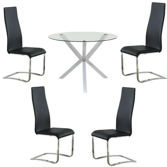 Home Square 5 Piece Set with Round Glass Top Dining Table and 4 Chairs in Black